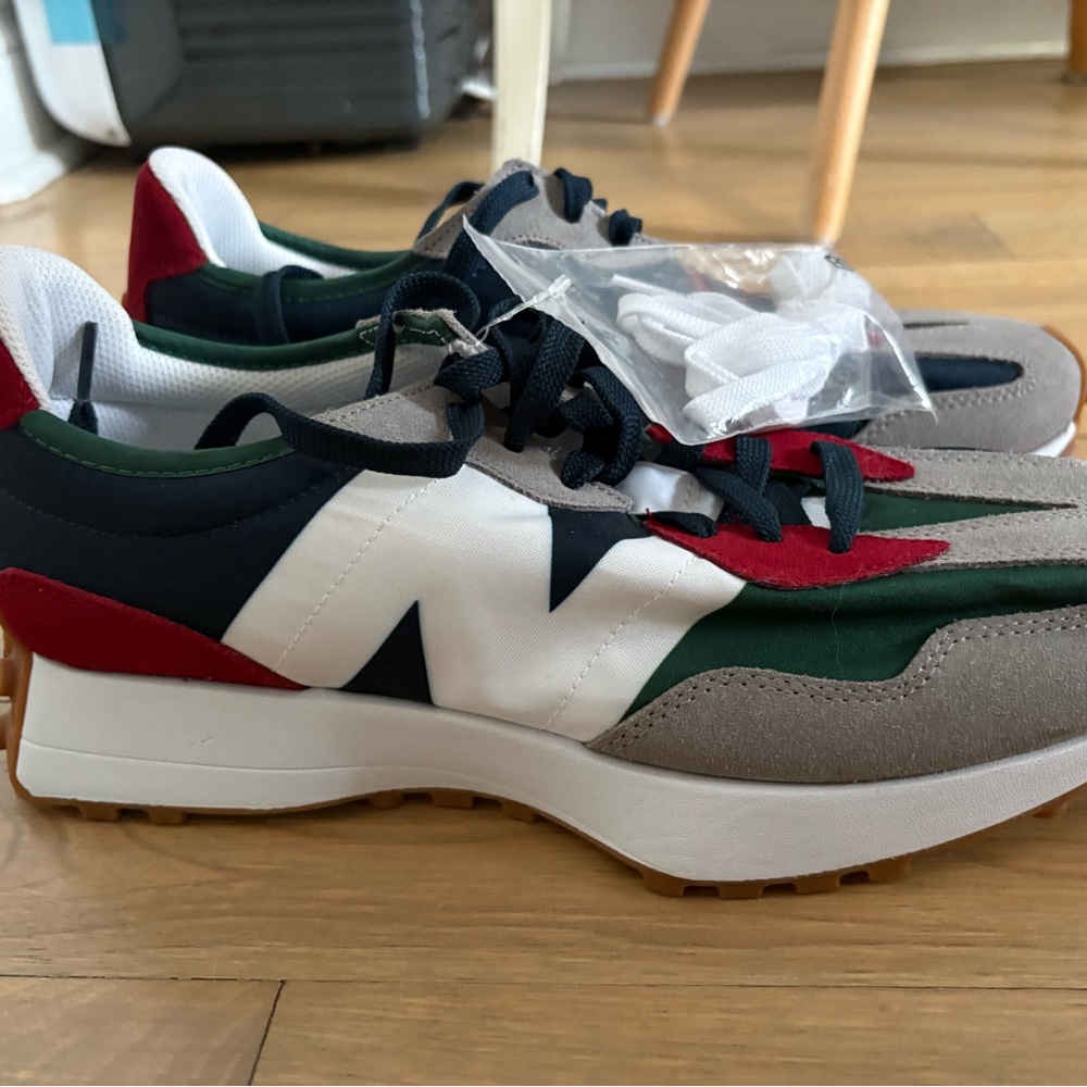 New Balance 327 Red, Green, and Navy Athletic Shoes